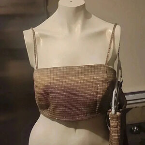 HOUSE OF HARLOW 1960 TAN & BLACK SEQUIN TWEED TROUSER CROP TOP SET SIZE S